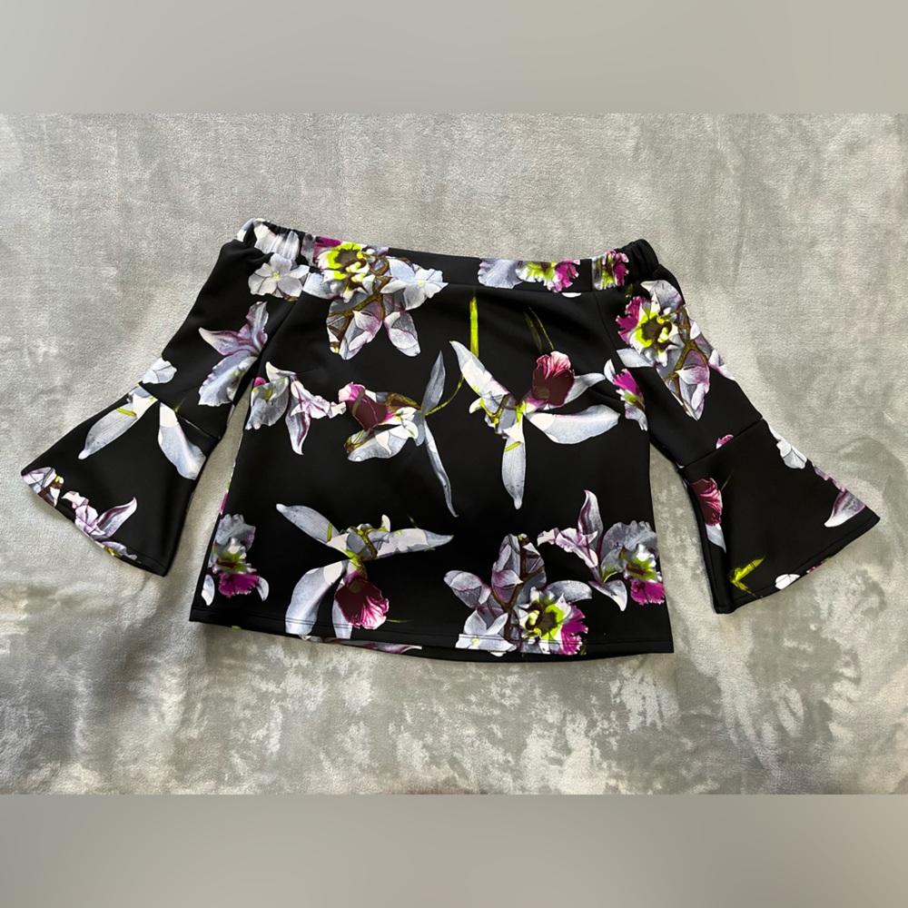 New York & Company Black with Floral Print Off Shoulder Blouse - Women’s Size L